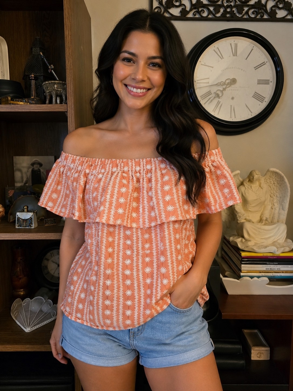 Umgee Off-Shoulder Peach Floral Ruffle Embroidered Boho Top Size L